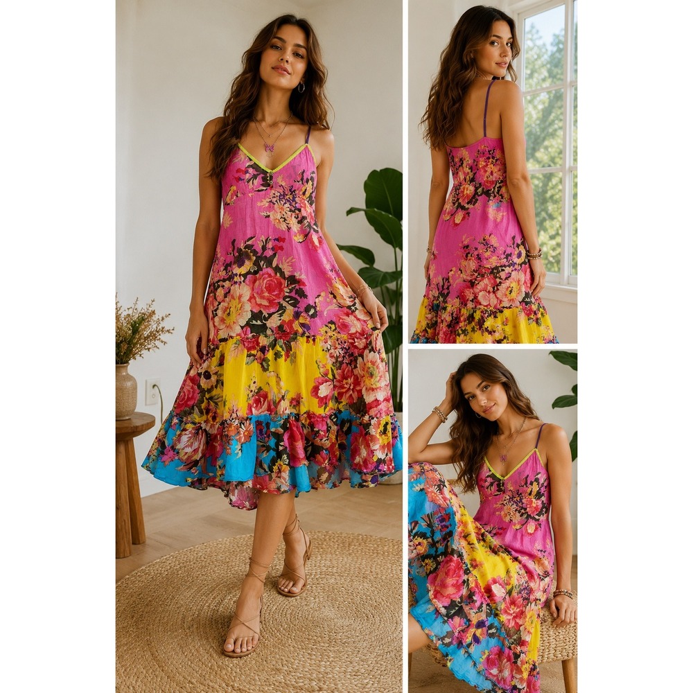 Y2K Boho Floral Patchwork Tie Strap Cotton Midi Dress S-M Festival Cottagecore